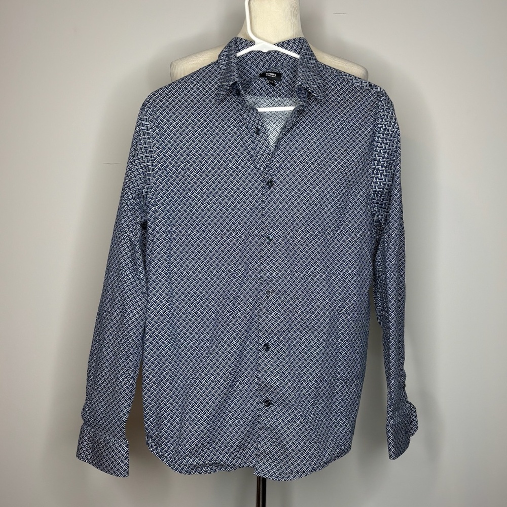 Express- Blue & White Square Pattern Extra Slim 1MX Button-down Shirt